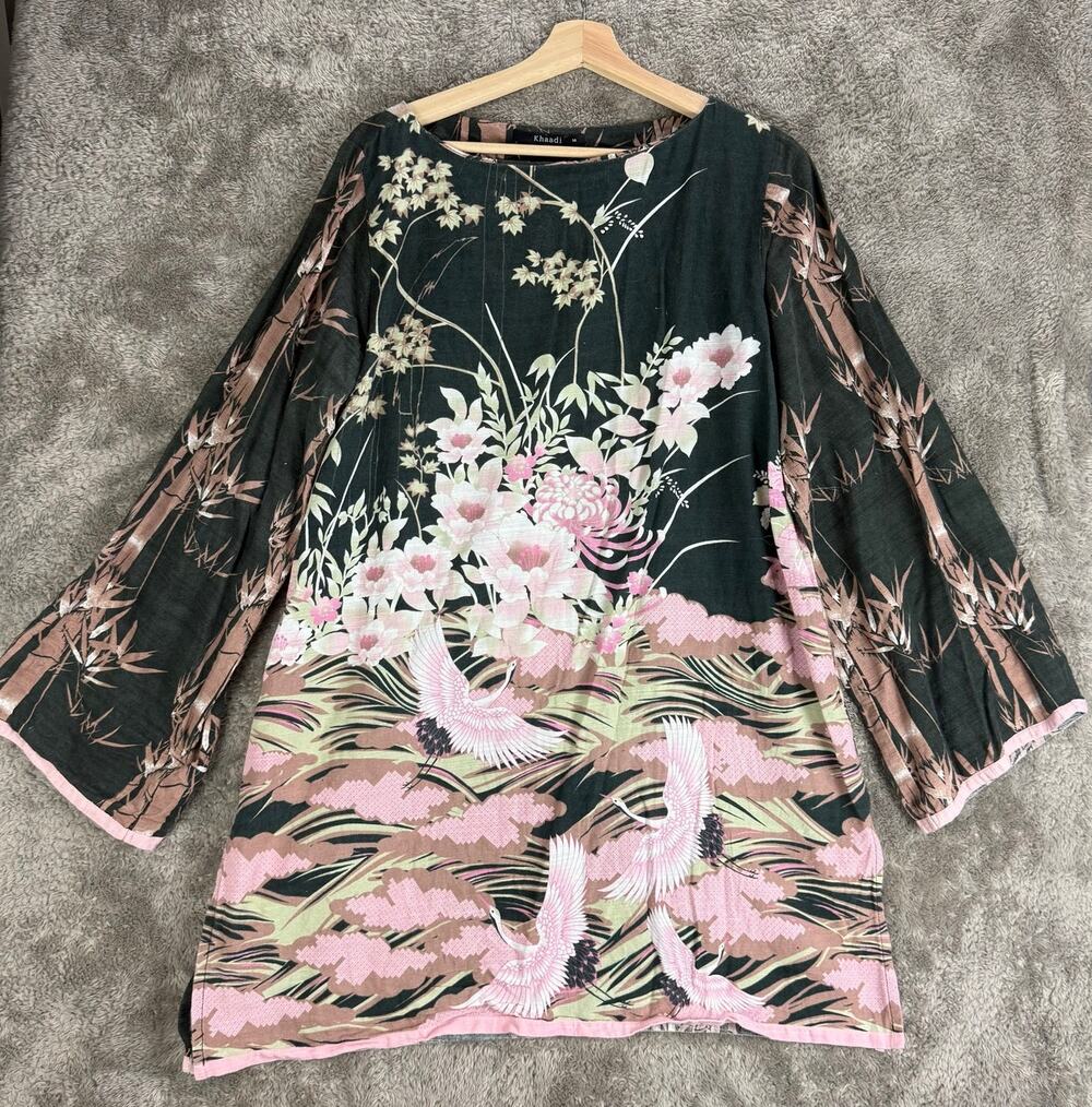 Khaadi Floral Bamboo Crane Print Tunic 14 Pink Black Top Blouse 100% Cotton